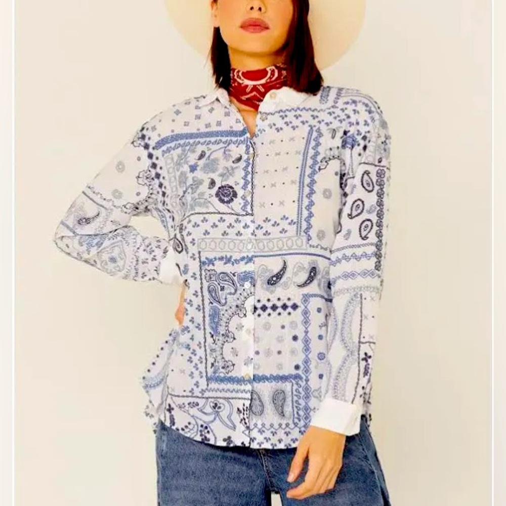 Johnny Was Workshop Wanya Embroidered Cotton Button Down Top